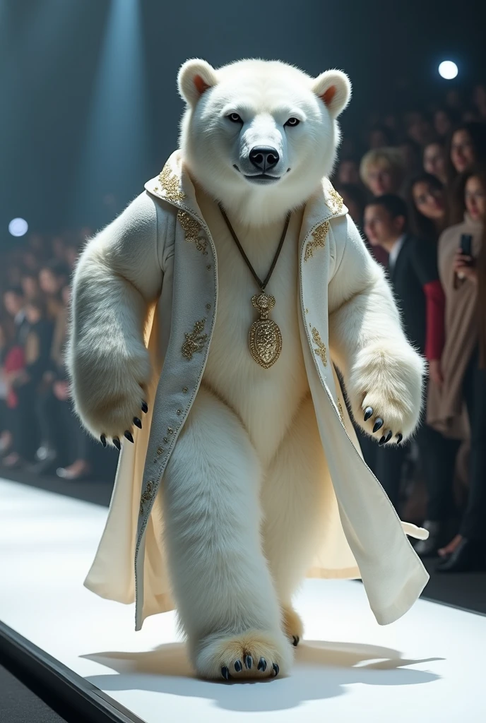 A beautiful white bear wearing maxi cloth walking down the runaway at a fashion show,