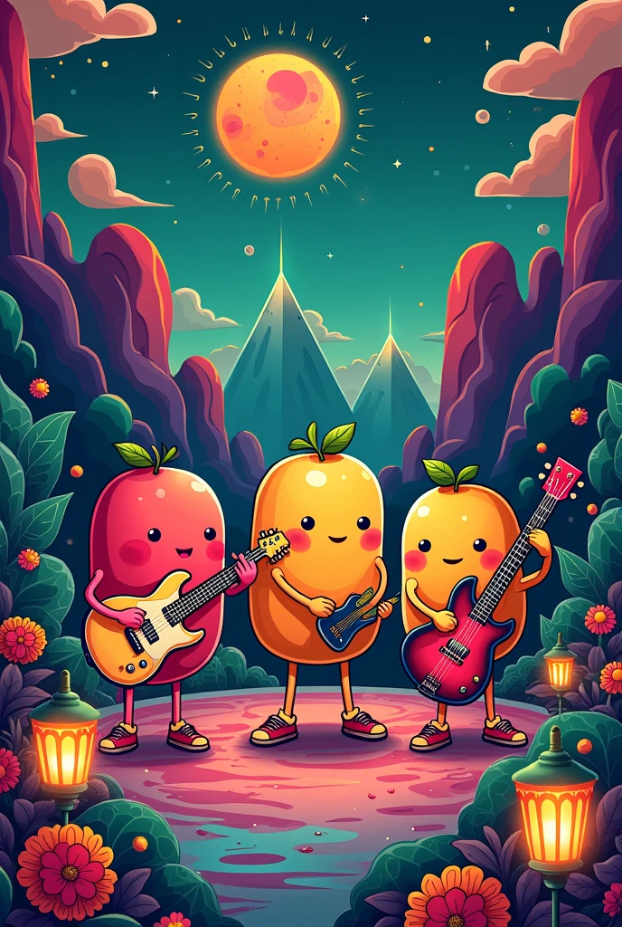 
There are three legless fat cute fruit cartoon characters playing music, Abstract Art，music poster, 🪔 🎨;🌞🌄, Poster,rock &#39;n&#39; roll, Cyberpunk
, Propaganda Art, Ink art brawlstars