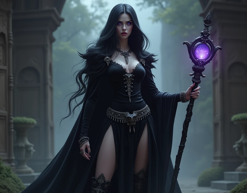 name: Elyria the Wise Age: About 30 years old Height: Tall and slim with gigantic breasts, which gives her appearance an even more imposing and seductive air. Clothing: Elyria wears a long, tight tunic, of a deep black, with dark silver gothic motifs. The fabric is velvety and slightly translucent, accentuating her curves without losing her elegance. The cloak, long to the ground, It is trimmed with raven feathers and has a hood that partially hides her face.. The black leather belt with silver buckle has pendants with dark runes and eerie amulets. His boots, knee-high, They are decorated with silver studs and occult symbols. I wait: Elyria's hair is raven, long and wavy, often adorned with small chains and black crystals. His eyes, of a deep purple, they almost seem to glow in the darkness. He has a sharp, pale face., with an enigmatic and magnetic expression. Accessories: Elyria holds a black wooden staff, carved with demonic figures and a dark crystal that pulses with a sinister light. She wears rings with black stones and a necklace with a pendant in the shape of a skull wrapped in thorns.. Personality: He has a dark and intimidating aura.. Elyria is cold, calculator and speaks in a low, penetrating voice. Anyone who finds himself in his presence feels a thrill of fear and respect.