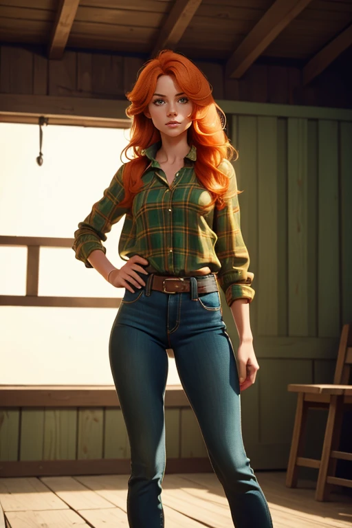 1 girl, Best Quality, masterpiece, cowboy shot, Orange hair, green eyes, tight clothes, barn, Wet, Green plaid shirt, labor, sexy, skinny jeans, half , cow print clothing:1.5, seductive, provocing, masterpiece, (dynamic angle:1.2), (dynamic posture:1.2), Plan general, light, (Best Quality), (??????), (ultra detailed), (16k, 8k, complex),(Full body photo: 1), (Focus on the hips:1.2)