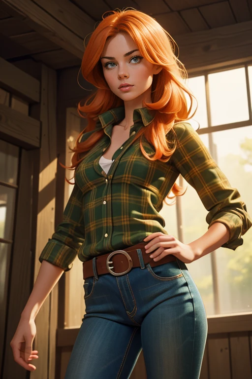 1 girl, Best Quality, masterpiece, cowboy shot, Orange hair, green eyes, tight clothes, barn, Wet, Green plaid shirt, labor, sexy, skinny jeans, half , cow print clothing:1.5, seductive, provocing, masterpiece, (dynamic angle:1.2), (dynamic posture:1.2), Plan general, light, (Best Quality), (Erotic), (ultra detailed), (16k, 8k, complex),(Full body photo: 1), (Focus on the hips:1.2)