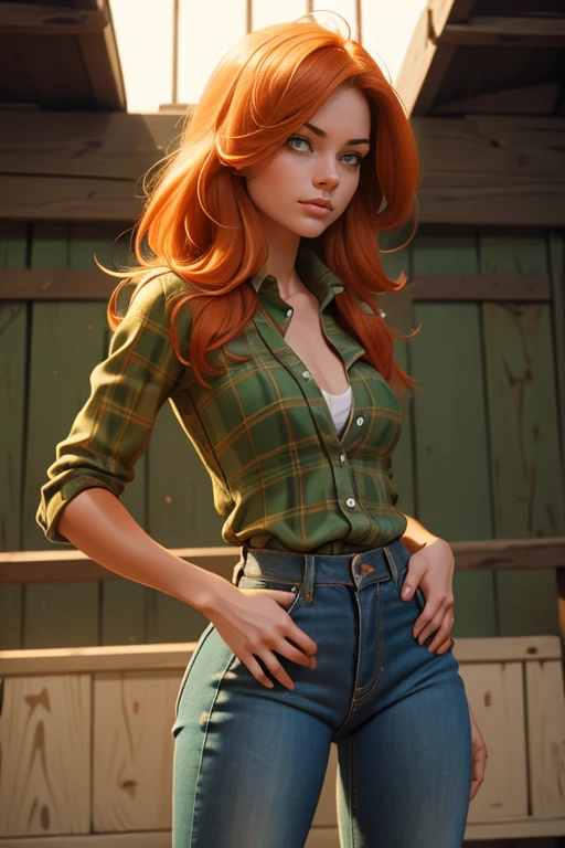 1 girl, Best Quality, masterpiece, cowboy shot, Orange hair, green eyes, tight clothes, barn, Wet, Green plaid shirt, labor, sexy, skinny jeans, half , cow print clothing:1.5, seductive, provocing, masterpiece, (dynamic angle:1.2), (dynamic posture:1.2), Plan general, light, (Best Quality), (Erotic), (ultra detailed), (16k, 8k, complex),(Full body photo: 1), (Focus on the hips:1.2)