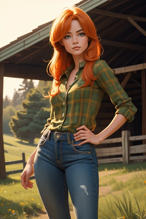 1 girl, Best Quality, masterpiece, cowboy shot, Orange hair, green eyes, tight clothes, barn, Wet, Green plaid shirt, labor, sexy, skinny jeans, half , cow print clothing:1.5, seductive, provocing, masterpiece, (dynamic angle:1.2), (dynamic posture:1.2), Plan general, light, (Best Quality), (Erotic), (ultra detailed), (16k, 8k, complex),(Full body photo: 1), (Focus on the hips:1.2)