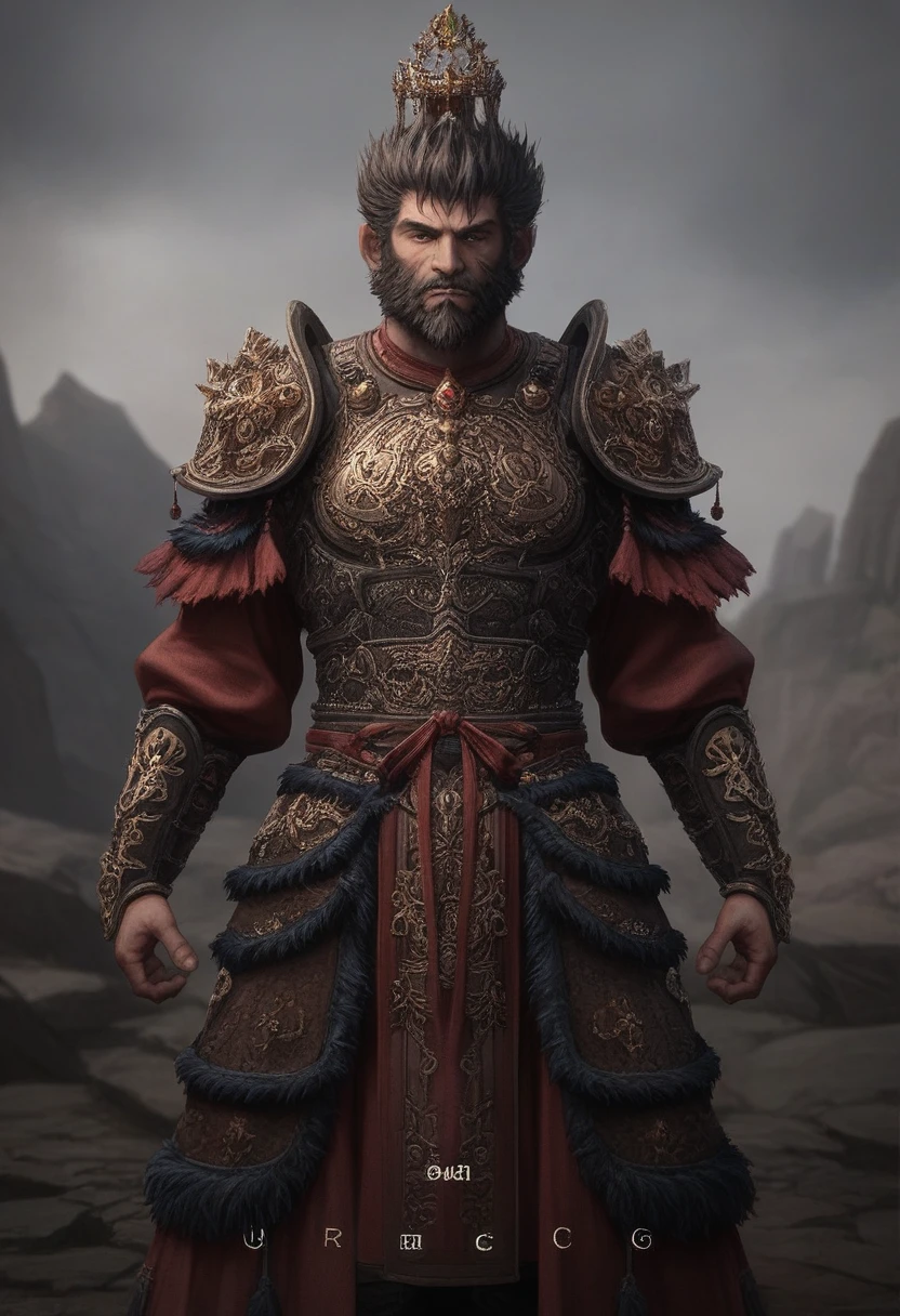 Wearing Clothing、Bearded man wearing a crown, Super detailed fantasy characters, highly detailed cgsociety, created in Unreal Engine 5, cgsociety uhd 4k very detailed, rendered in Unreal Engine 5, Personagem pequeno. Unreal Engine 5, Unreal Engine Character Art, very detailed character, guan yu, 3D Rendering Character Art 8k