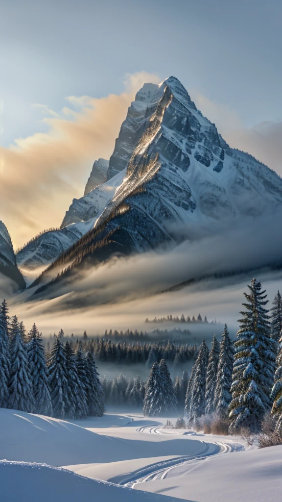 The winter forest has mountains, fog and dew. The atmosphere is peaceful and cool.