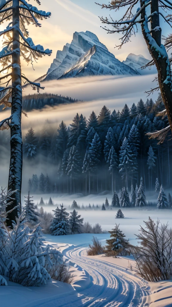 The winter forest has mountains, fog and dew. The atmosphere is peaceful and cool.