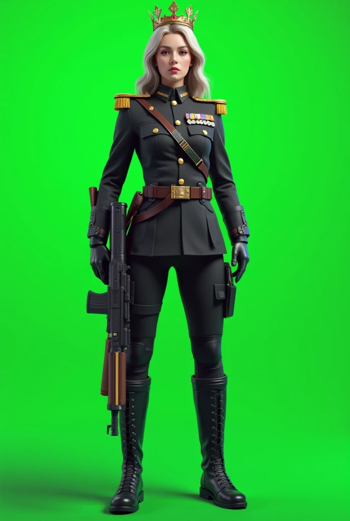 Front straight viewed, female military general, Queen's crown on head, Big gun in hand, Plain full green screen background