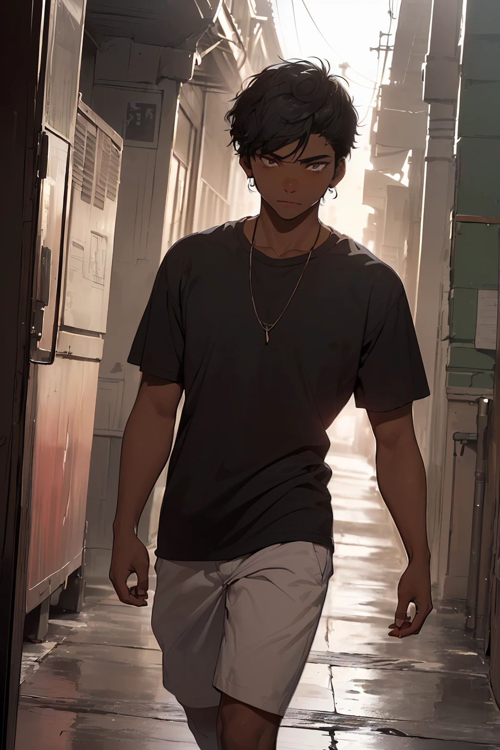 (Young 17-year-old boy, with average physical appearance and a height of 1.80m).(dark skin color: 2.0),(his face has a youthful oval shape. His eyes are brown and,(his hair is short, black and frizzy curly: 1.5).(His face has mixed facial features, with a thick, flat nose, and a large but slightly thin mouth. His build is athletic and very average for a 17-year-old ager, with very slight muscles. He walks with confidence, his expression serious, but his eyes shine with a restrained energy. His presence is imposing and magnetic, drawing the attention of everyone around him.)