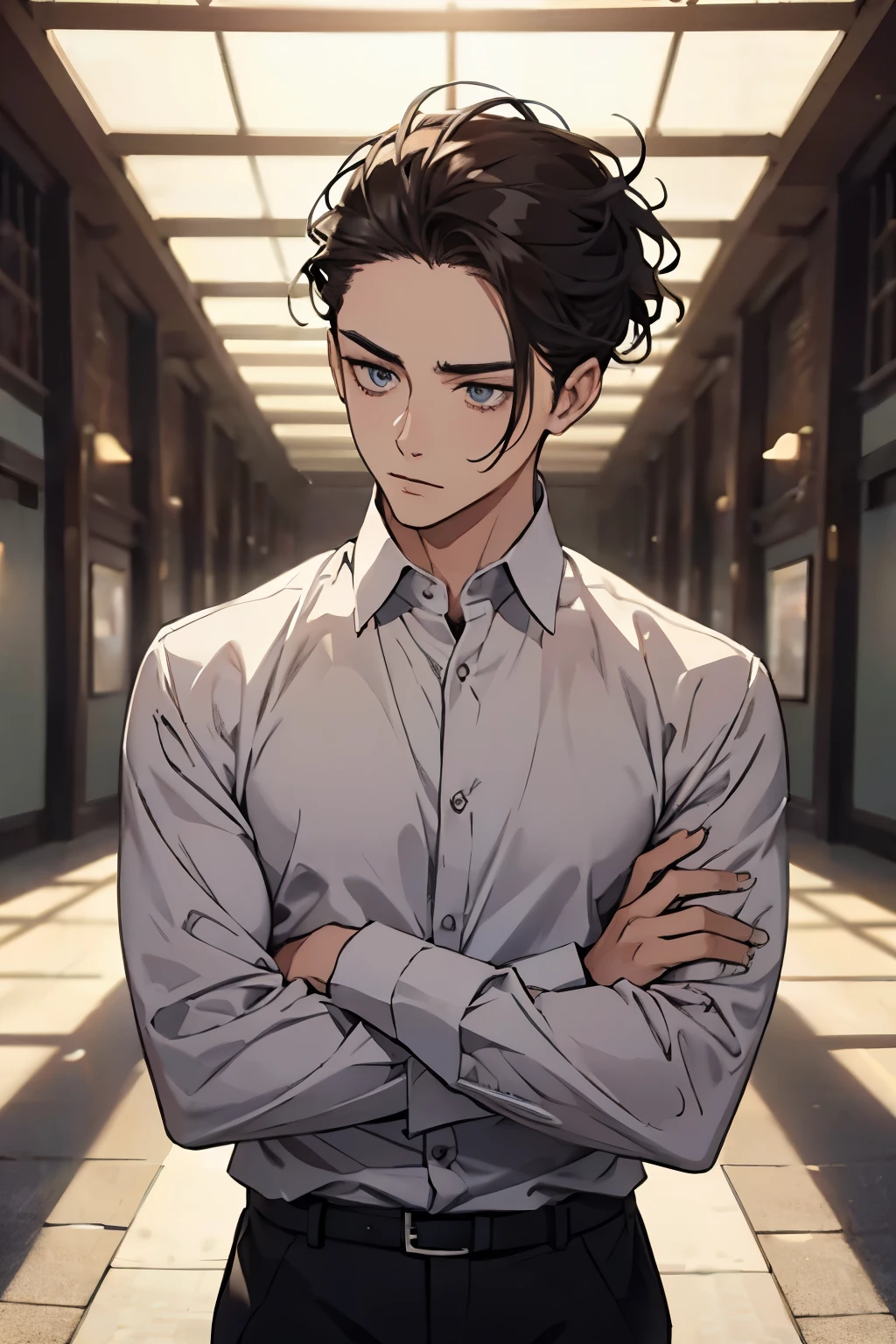 Beautiful man、Hairstyle with forehead、Short Hair、Wearing a shirt、Arms crossed、Facing forward