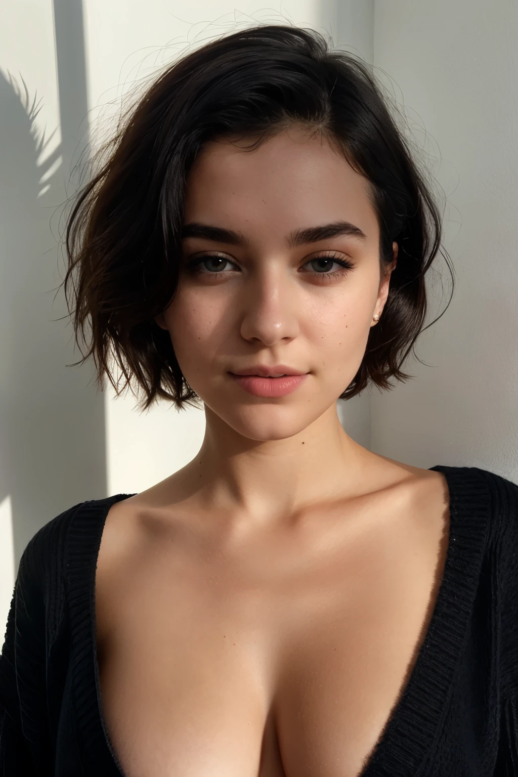 instagram photo, 21yo french woman, short hair, black hair, closeup portrait, sweater, cleavage, pale, hard shadows Naked 