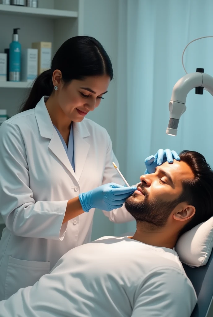 A female Indian dermatologist treating an Indian patient with carbon peel treatment 