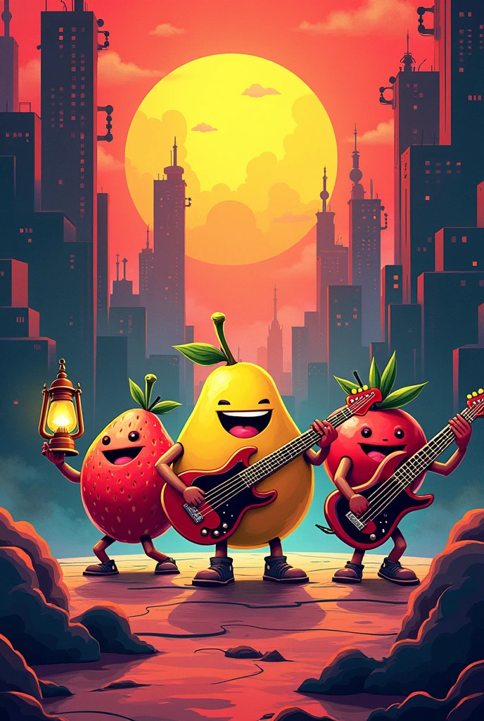 There are three fat cute fruit cartoon characters playing music, Abstract Art,music poster, 🪔 🎨;🌞🌄, Poster,rock 'n' roll, Cyberpunk Strawberry Pear Apple
, Propaganda Art, Ink art brawlstars