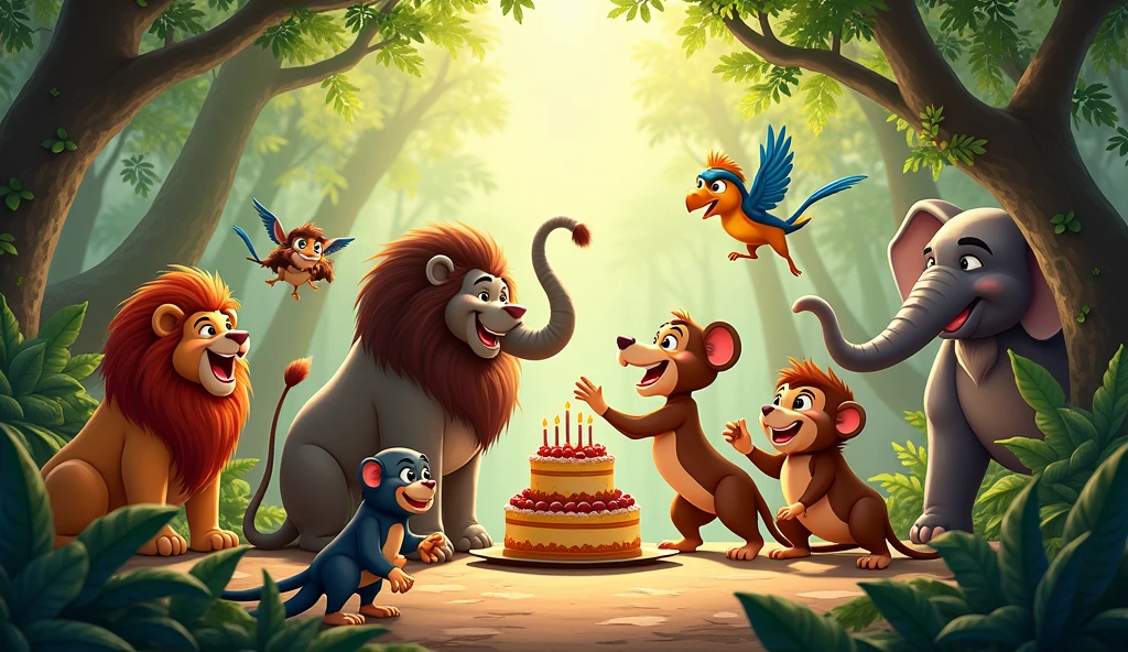 All the jungle animals are gathered together, celebrating and congratulating each other. The scene is filled with joy, laughter, and a sense of unity among the animals.