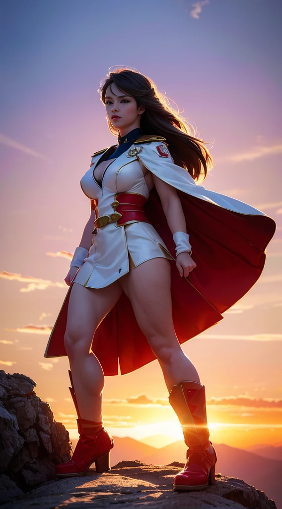 overtake人 (Miss, overtake人 costume in white with red and gold details) From DC Comics, Full body picture, Reality, High Detail, Practical, masterpiece, absurd, best quality, HDR, high quality, high resolution, Extremely detailed, 8k wallpaper, Intricate details, 8K overtake高清, Full HD, (Realistic photos:1.2), Compared, Sharp lighting, Movie Lighting, Natural Lighting, hard light, Backlight, Global Illumination, Environmental occlusion,  ((Standing on top of a high rocky mountain, Sunset, Blue sky,)) , overtake_girl
