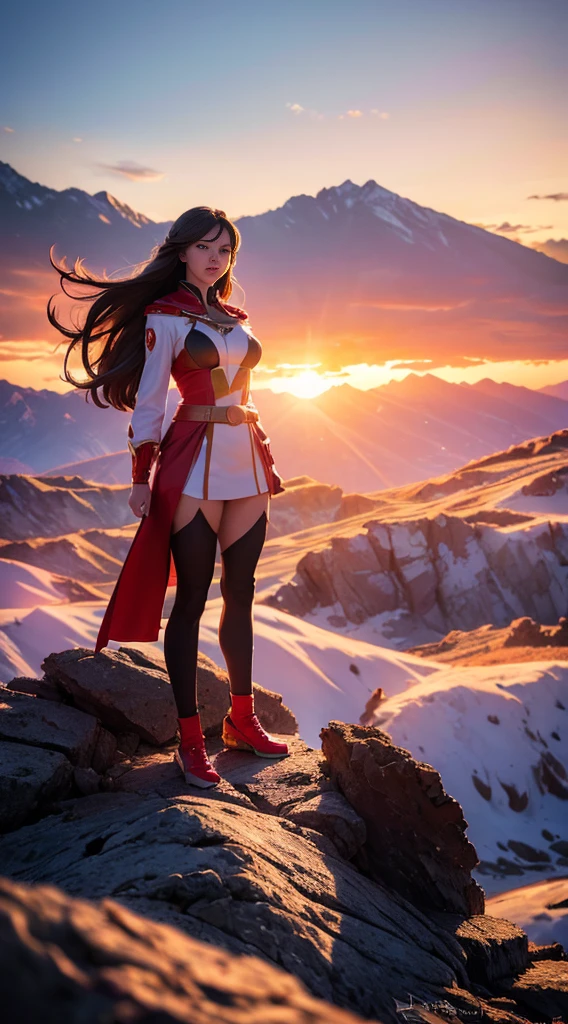 overtake人 (Miss, overtake人 costume in white with red and gold details) From DC Comics, Full body picture, Reality, High Detail, Practical, masterpiece, absurd, best quality, HDR, high quality, high resolution, Extremely detailed, 8k wallpaper, Intricate details, 8K overtake高清, Full HD, (Realistic photos:1.2), Compared, Sharp lighting, Movie Lighting, Natural Lighting, hard light, Backlight, Global Illumination, Environmental occlusion,  ((Standing on top of a high rocky mountain, Sunset, Blue sky,)) , overtake_girl
