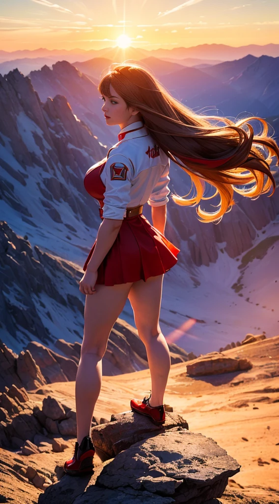 overtake人 (Miss, overtake人 costume in white with red and gold details) From DC Comics, Full body picture, Reality, High Detail, Practical, masterpiece, absurd, best quality, HDR, high quality, high resolution, Extremely detailed, 8k wallpaper, Intricate details, 8K overtake高清, Full HD, (Realistic photos:1.2), Compared, Sharp lighting, Movie Lighting, Natural Lighting, hard light, Backlight, Global Illumination, Environmental occlusion,  ((Standing on top of a high rocky mountain, Sunset, Blue sky,)) , overtake_girl
