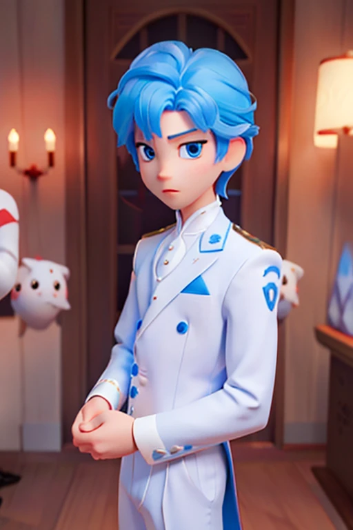 １６age、male、Prince、White suit with damask pattern、Blue Hair、Light Skin、