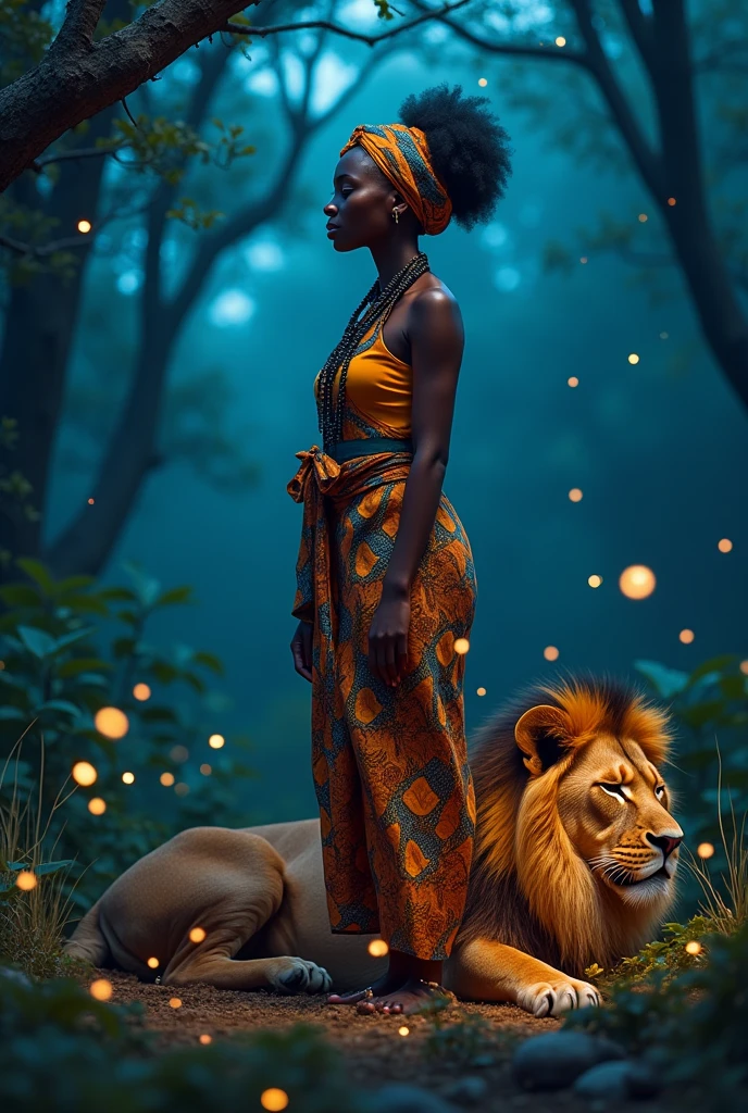 African woman dressed in african designed clothes, standing in the wilderness next to a sleeping lion, night time with fireflies shining all over the scene, blue light shining all over the scene, fantasy art, cinematic lighting, artgerm style, 32k, ultra HD, unreal engine rendered, hyper-realistic image