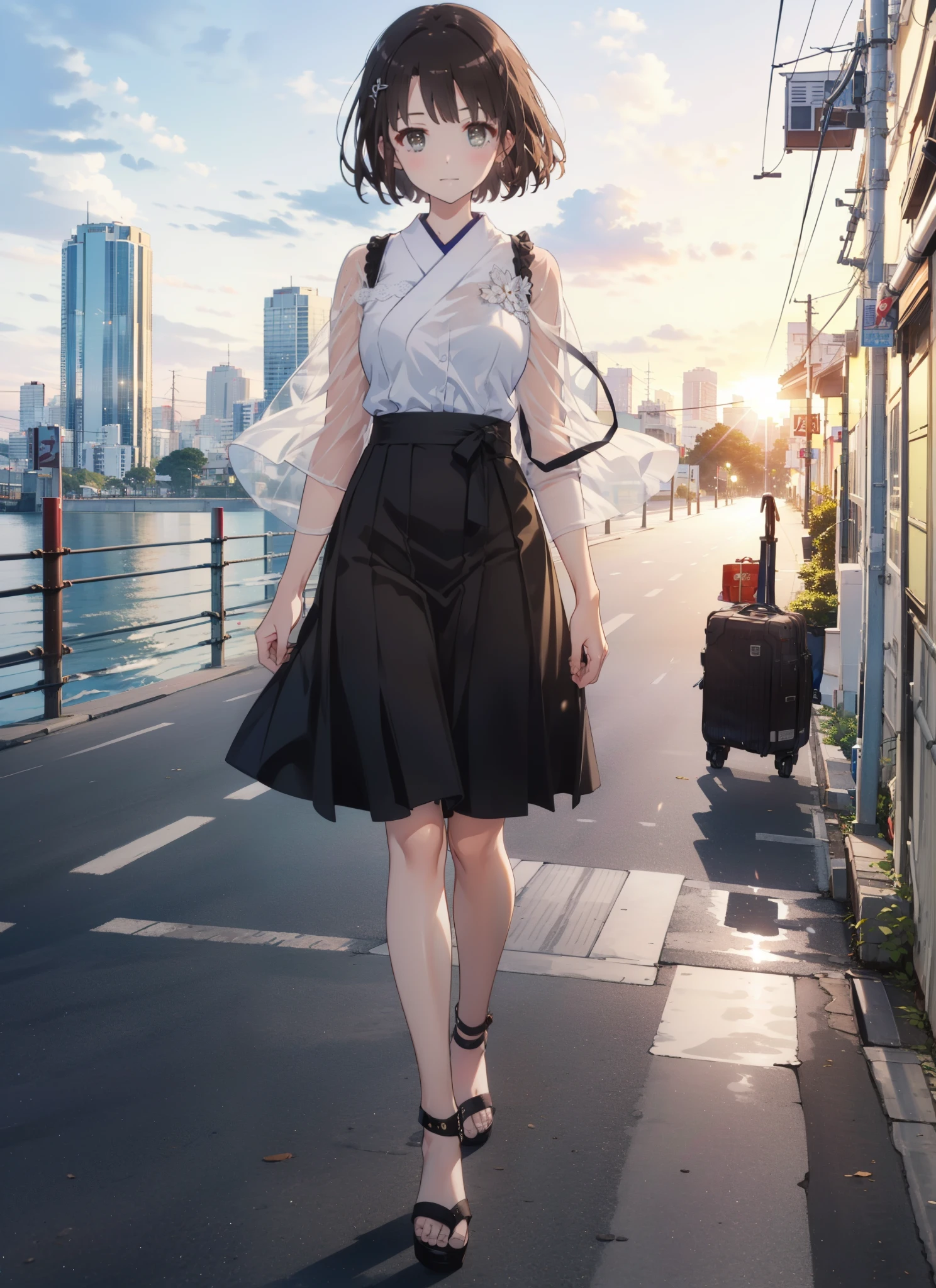 Katoumegumi, Megumi Katou, Brown Hair, short hair, (Brown eyes:1.5),smile,Red sleeveless dress,Red long skirt,Cute heeled sandals,evening,sunset,The sun is setting,Walking,whole bodyがイラストに入るように,
break outdoors, 海岸通り
break looking at viewer, whole body,
break (masterpiece:1.2), Highest quality, High resolution, unity 8k wallpaper, (shape:0.8), (Beautiful details:1.6), Highly detailed face, Perfect lighting, Extremely detailed CG, (Perfect hands, Perfect Anatomy),