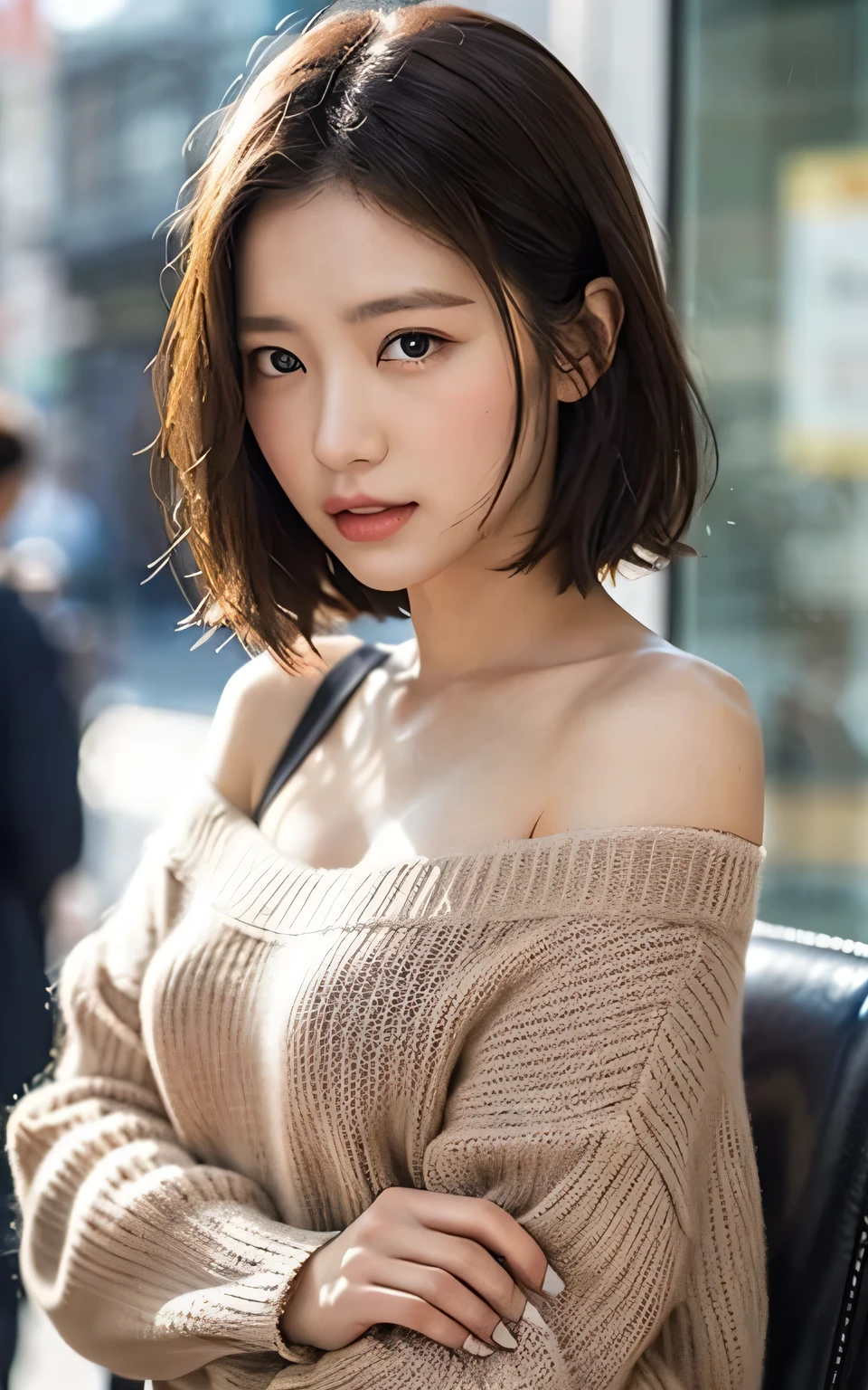cute 21 year old japanese、clear sky、shopping、city、super detail face、pay attention to details、double eyelid、beautiful thin nose、sharp focus:1.2、Beautiful woman:1.4、(light brown hair,short hair、),pure white skin、highest quality、masterpiece、ultra high resolution、(Photoreal:1.4)、Highly detailed and professional lighting、nice smile、show your whole body、red sweater、