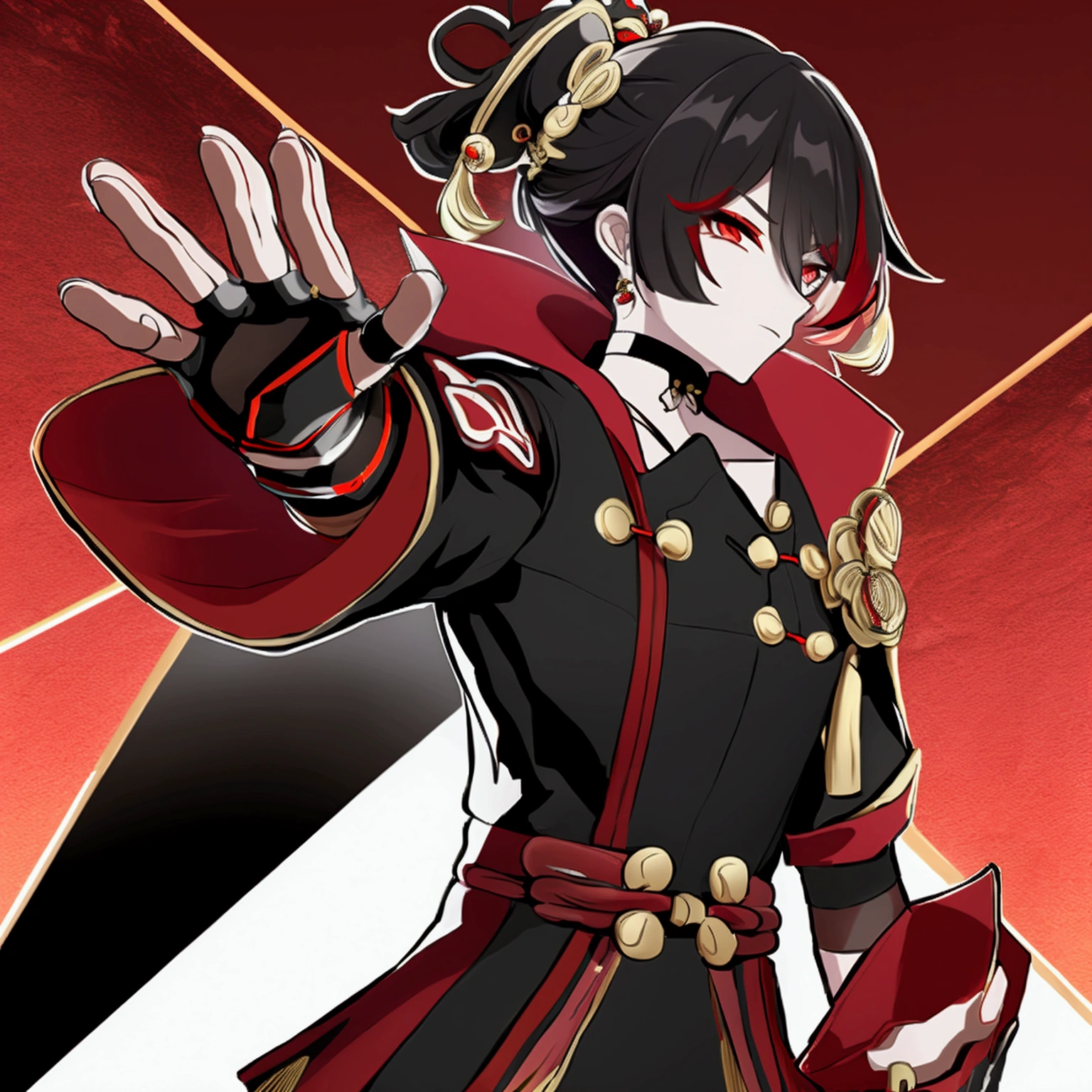 The clothing is designed for combat, with a look that combines traditional Chinese elements with a modern and futuristic touch. predominantly black, with red and gold accents, that highlight the character and give an air of mystery and power. Includes hair ornaments, fingerless gloves and a choker, that complement the character's overall look. The sleeves and gloves are asymmetrical, which adds an interesting and dynamic visual element to the costume