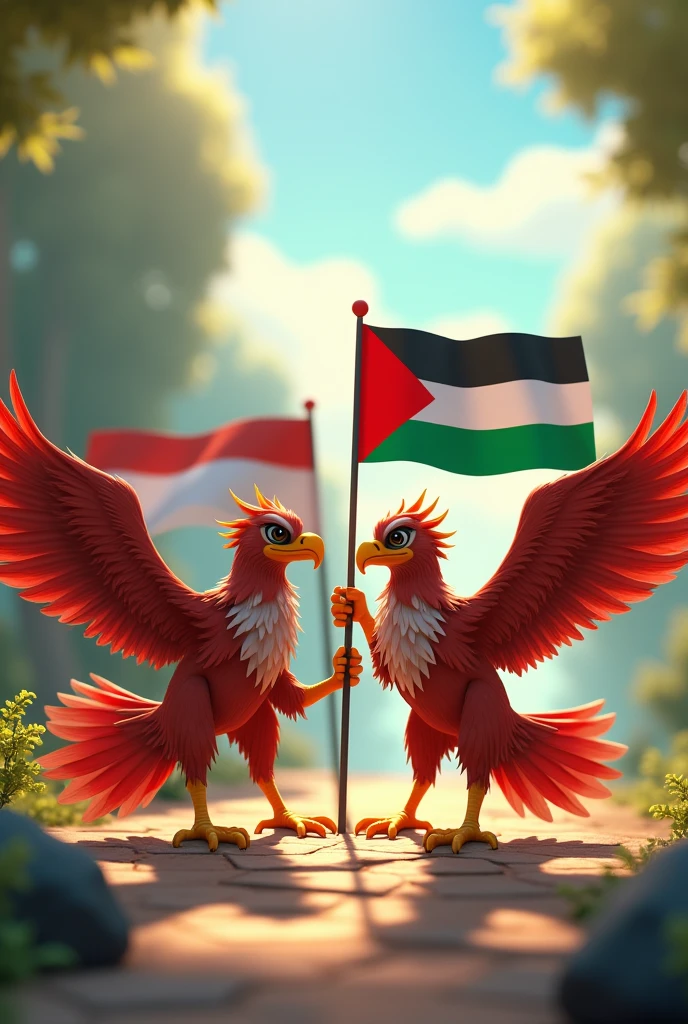 make an animation of 2 garuda birds carrying the palestine flag standing with a garuda bird carrying the indonesian flag