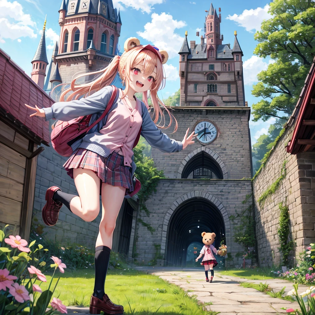 Pink Blonde、Red eyes、Hair tied up、Two cute、Checked mini skirt、black t-shirts、cardigan、Knee-high socks、bear ears baseball cap、Teeth are visible、Monster Castle、Tilting face、crossing the bridge、hazakura、windmill、grass、Stones are growing out of the ground.、A teddy bear is walking、Morning glory is blooming.、In front of the city gates、clock、Underground tunnels