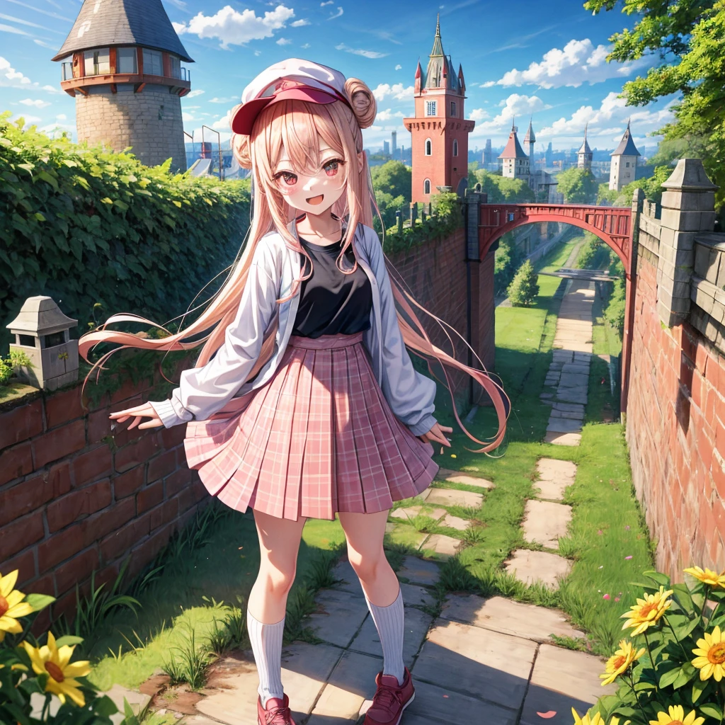 Pink Blonde、Red eyes、Hair 、Two cute、Checked mini skirt、black t-shirts、cardigan、Knee-high socks、bear ears baseball cap、Teeth are visible、Monster Castle、Tilting face、crossing the bridge、hazakura、windmill、grass、Stones are growing out of the ground.、A teddy bear is walking、Morning glory is blooming.、In front of the city gates、clock、Underground tunnels