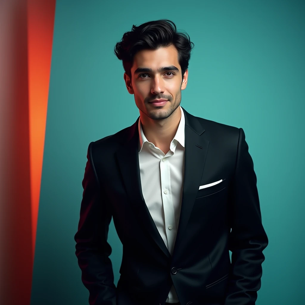 A young man with dark hair and . He is dressed in a black blazer over a white shirt. The man is positioned against aqua colour backdrop with a subtle red lighting on the left side.  and he posing for LinkedIn profile