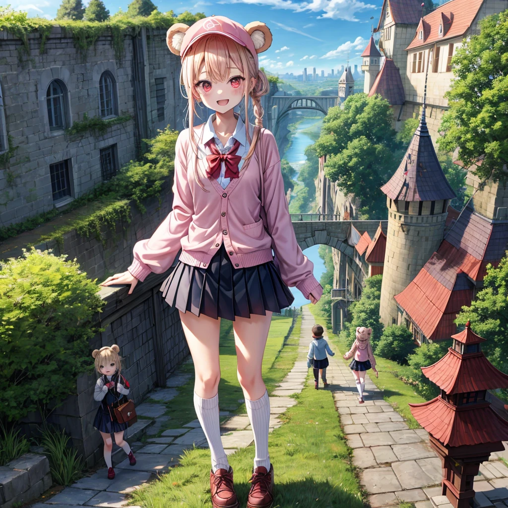 Pink Blonde、Red eyes、Hair tied up、Two cute、Checked mini skirt、black t-shirts、cardigan、Knee-high socks、bear ears baseball cap、Teeth are visible、Monster Castle、Tilting face、crossing the bridge、hazakura、windmill、grass、Stones are growing out of the ground.、A teddy bear is walking、Morning glory is blooming.、In front of the city gates、clock、Underground tunnels