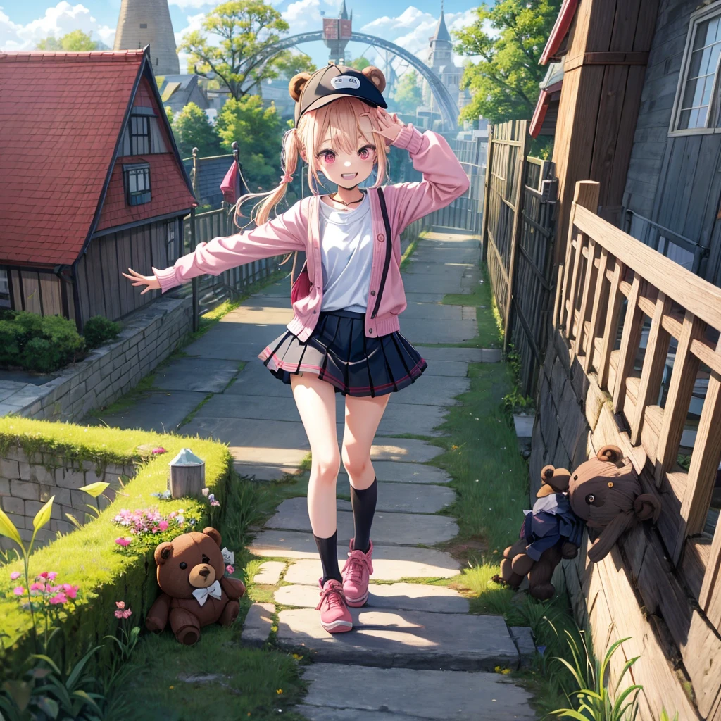 Pink Blonde、Red eyes、Hair tied up、Two cute、Checked mini skirt、black t-shirts、cardigan、Knee-high socks、bear ears baseball cap、Teeth are visible、Monster Castle、Tilting face、crossing the bridge、hazakura、windmill、grass、Stones are growing out of the ground.、A teddy bear is walking、Morning glory is blooming.、In front of the city gates、clock、Underground tunnels