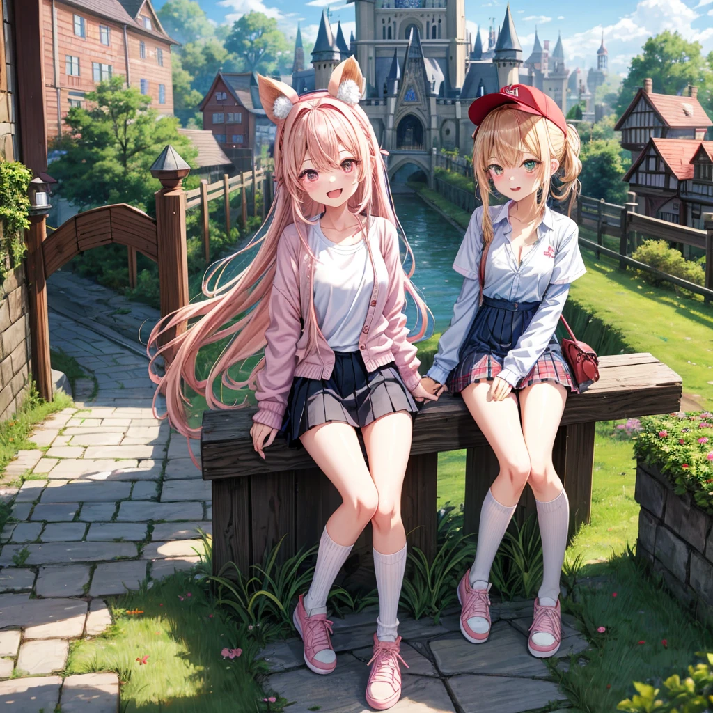 Pink Blonde、Red eyes、Hair tied up、Two cute、Checked mini skirt、black t-shirts、cardigan、Knee-high socks、bear ears baseball cap、Teeth are visible、Monster Castle、Tilting face、crossing the bridge、hazakura、windmill、grass、Stones are growing out of the ground.、A teddy bear is walking、Morning glory is blooming.、In front of the city gates、clock、Underground tunnels