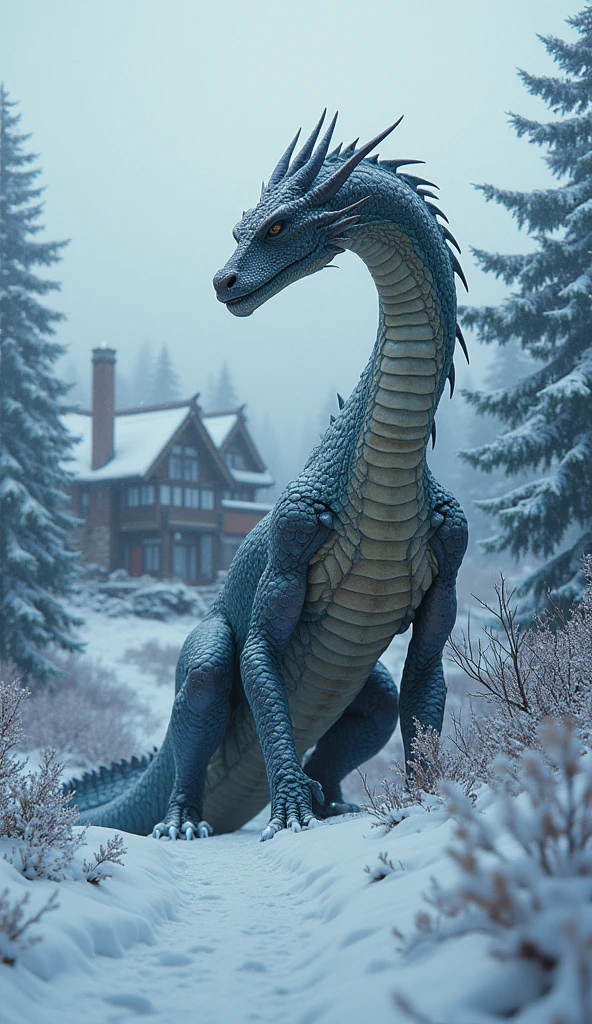 Create a prompt in which a dragon is standing outside the house in year 2024 and heavy snow is falling.