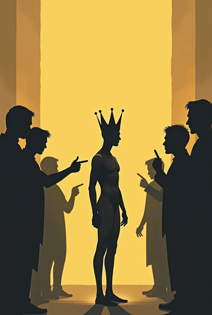 "Minimalist silhouette art in the style of Olly Moss, depicting a scene from The Emperor's New Clothes.' The emperor is in the center of the image, walking proudly, his nudity subtly suggested through the use of carefully placed shadows and minimalistic lines. His posture is regal, but the absence of any visible clothing creates a sense of absurdity. Surrounding him are silhouettes of onlookers, some pointing and whispering, while others look away in shock or embarrassment. Use a limited color palette with warm golds, deep blacks, and muted grays to contrast the emperor's imagined grandeur with the reality of his situation.