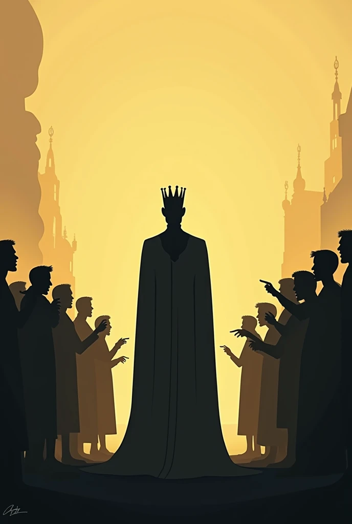 "Minimalist silhouette art in the style of Olly Moss, depicting a scene from The Emperor's New Clothes.' The emperor is in the center of the image, walking proudly, his nudity subtly suggested through the use of carefully placed shadows and minimalistic lines. His posture is regal, but the absence of any visible clothing creates a sense of absurdity. Surrounding him are silhouettes of onlookers, some pointing and whispering, while others look away in shock or embarrassment. Use a limited color palette with warm golds, deep blacks, and muted grays to contrast the emperor's imagined grandeur with the reality of his situation.