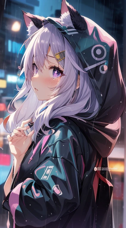Anime girl with cat ears and hoodie in the rain, anime style 4 k, anime vibes, anime wallpaper 4 k, anime art wallpaper 4k, anime wallpaper 4k, anime art wallpaper 4k, nightcore, cyberpunk anime girl in hoodie, Anime style. 8K, 4k anime wallpaper, Beautiful Anime Portrait, beautiful anime art style, Purple pupils, Purple only at the tips of the hair, tears