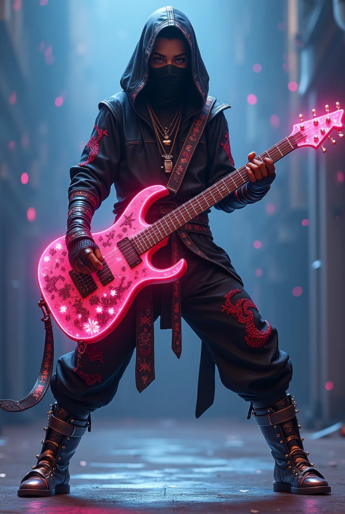 Personnage inspiré ninja rocker avec une guitare électrique avec des effet scintillante est éclatant d'étoiles une étoile sur le milieu de la guitare avec une étoile filante sur la guitare un costume de ninja avec une capuche de ninja avec un dragon dessiné sur sa capuche Des chaussures de métal avec des pique sur c'est chaussure des motif sur sont qui sont jaune clair orange pâle est noir des yeux noir est blanc un collier en forme d'étoiles sur sont cou est un côté de combattant dangereux