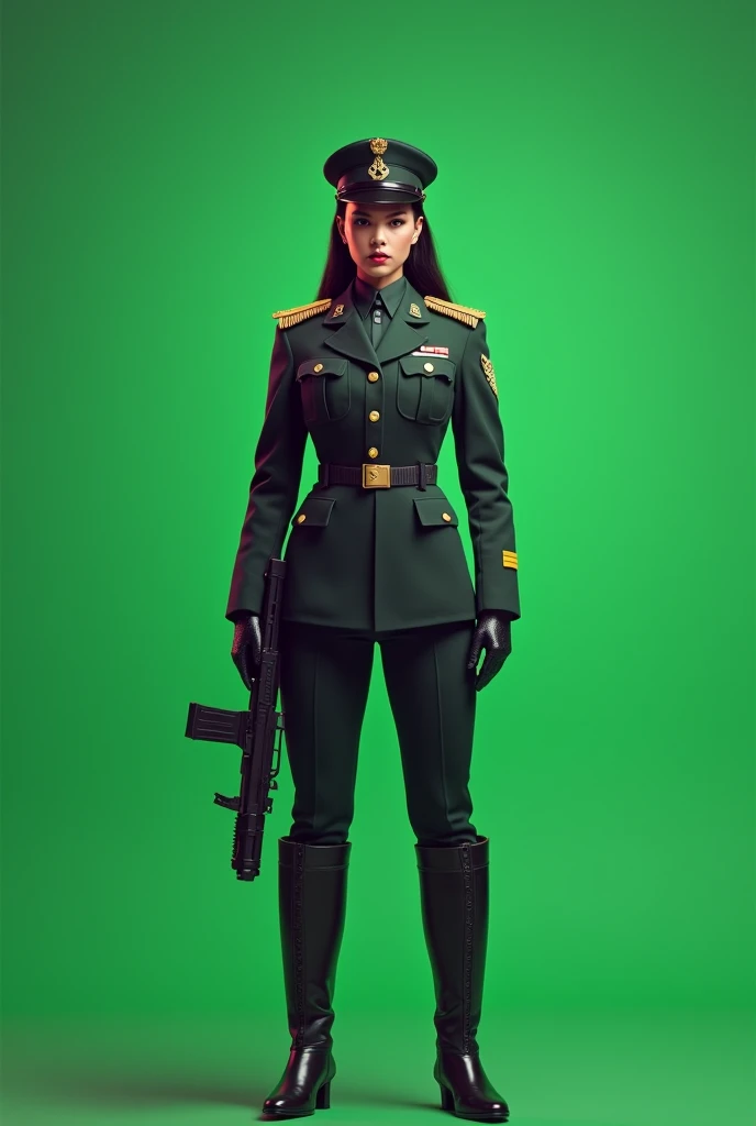 Front straight viewed, female military general, Queen's crown on head, Big gun in hand, Plain full green screen background
