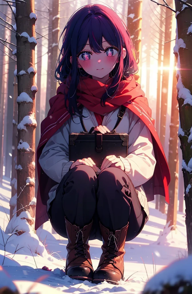 aihoshino, Ai Hoshino, Long Hair, bangs, (Purple eyes:1.1), Purple Hair, (Symbol-shaped pupil:1.5), smile,,smile,blush,white breath,
Open your mouth,snow,Ground bonfire, Outdoor, boots, snowing, From the side, wood, suitcase, Cape, Blurred, , forest, White handbag, nature, Squat, Mouth closed, Cape, winter, Written boundary depth, Black shoes, red Cape break looking at viewer, Upper Body, whole body, break Outdoor, forest, nature, break (masterpiece:1.2), Highest quality, High resolution, unity 8k wallpaper, (shape:0.8), (Beautiful and beautiful eyes:1.6), Highly detailed face, Perfect lighting, Extremely detailed CG, (Perfect hands, Perfect Anatomy),