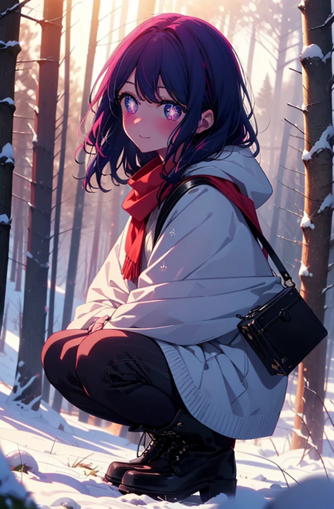 aihoshino, Ai Hoshino, Long Hair, bangs, (Purple eyes:1.1), Purple Hair, (Symbol-shaped pupil:1.5), smile,,smile,blush,white breath,
Open your mouth,snow,Ground bonfire, Outdoor, boots, snowing, From the side, wood, suitcase, Cape, Blurred, , forest, White handbag, nature,  Squat, Mouth closed, Cape, winter, Written boundary depth, Black shoes, red Cape break looking at viewer, Upper Body, whole body, break Outdoor, forest, nature, break (masterpiece:1.2), Highest quality, High resolution, unity 8k wallpaper, (shape:0.8), (Beautiful and beautiful eyes:1.6), Highly detailed face, Perfect lighting, Extremely detailed CG, (Perfect hands, Perfect Anatomy),