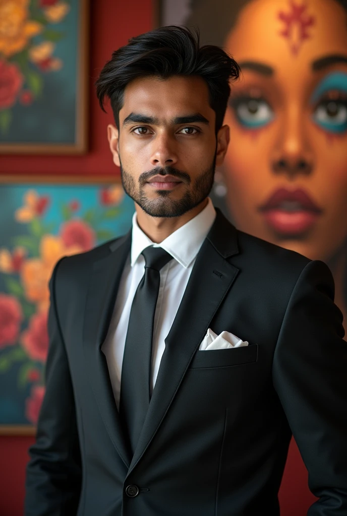 18 year old Indian boy handsome wearing formals posing for Nadeem beautiful works in background
