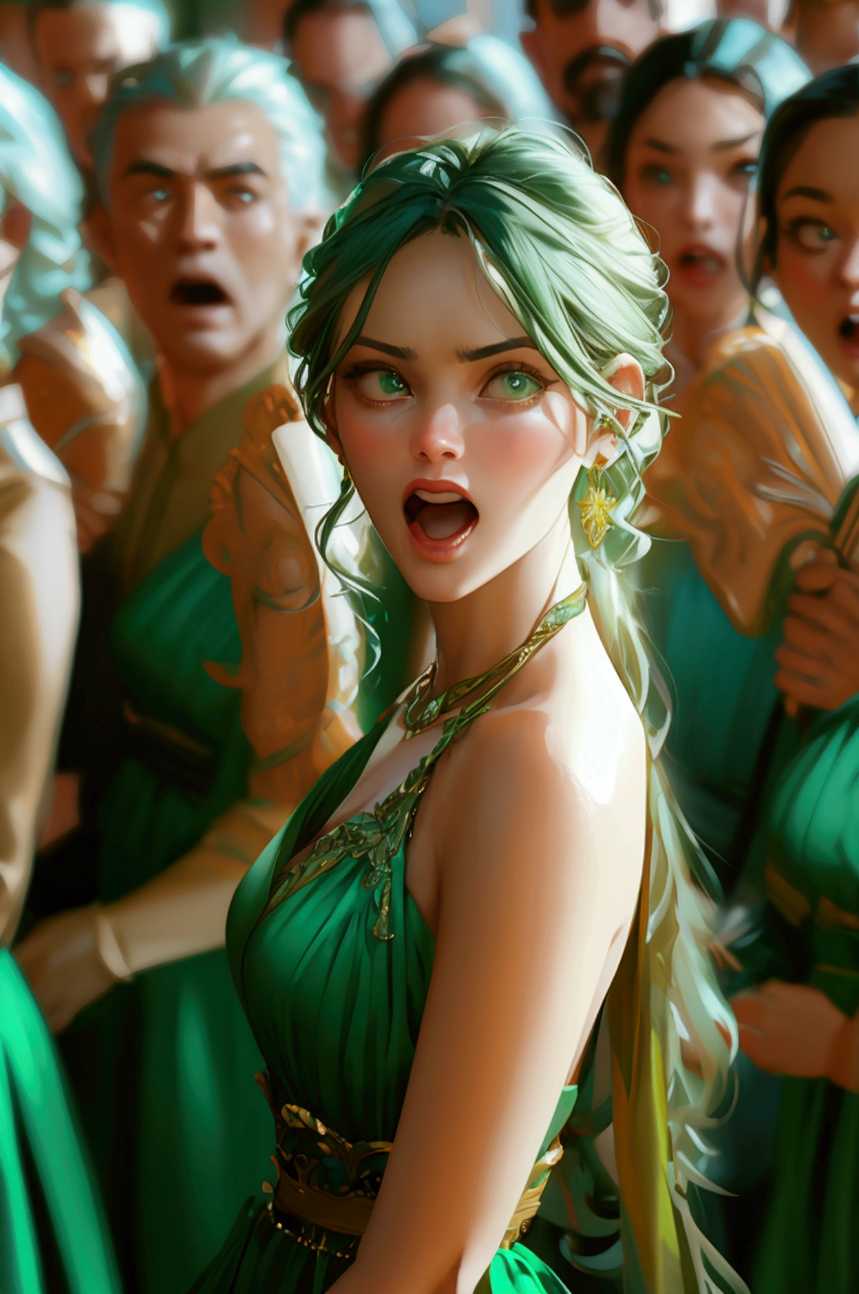 alot of people holding mike and shouting announcement of people, wearing green dresses, full length characters,