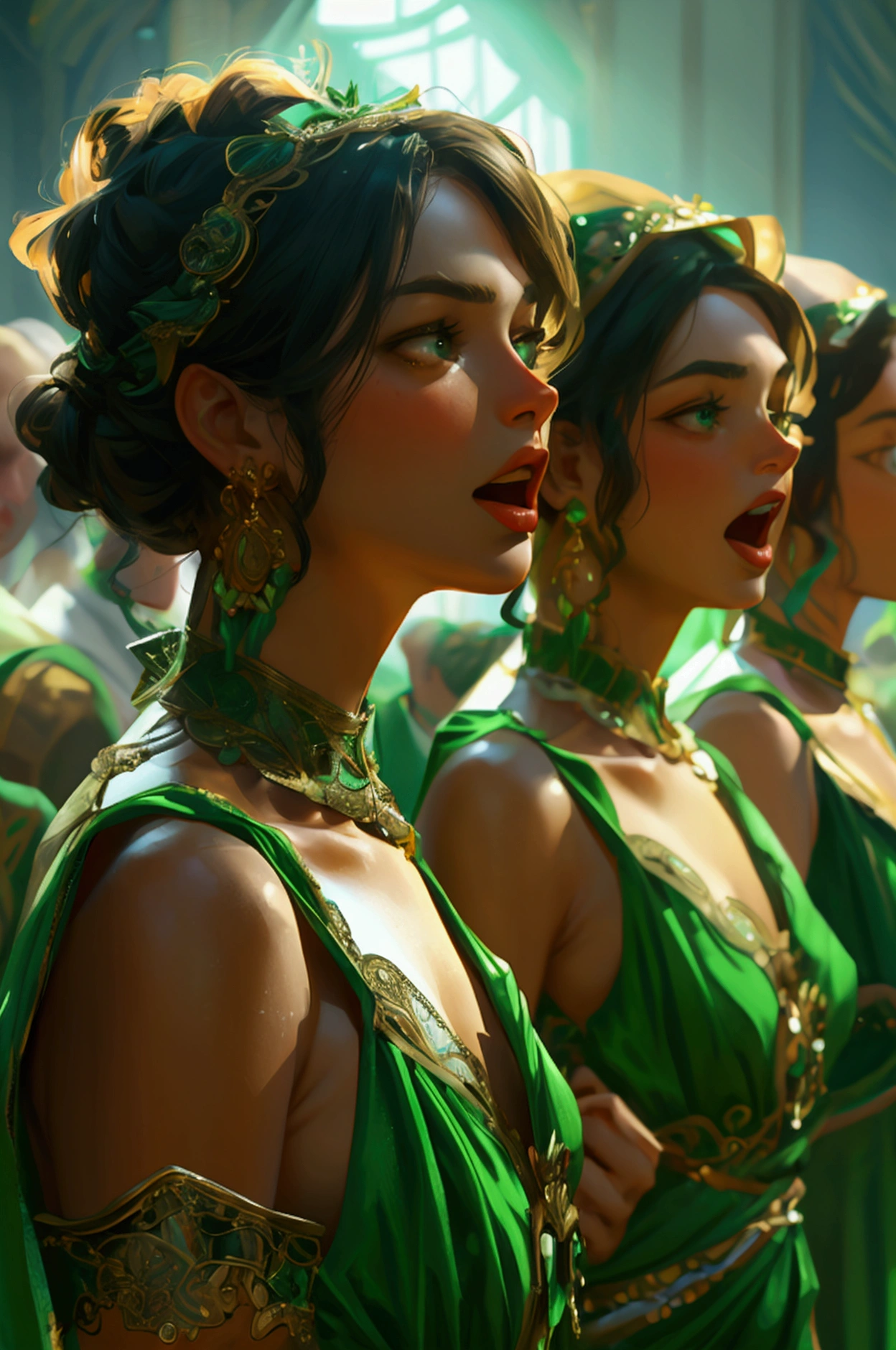 alot of people holding mike and shouting announcement of people, wearing green dresses, full length characters,