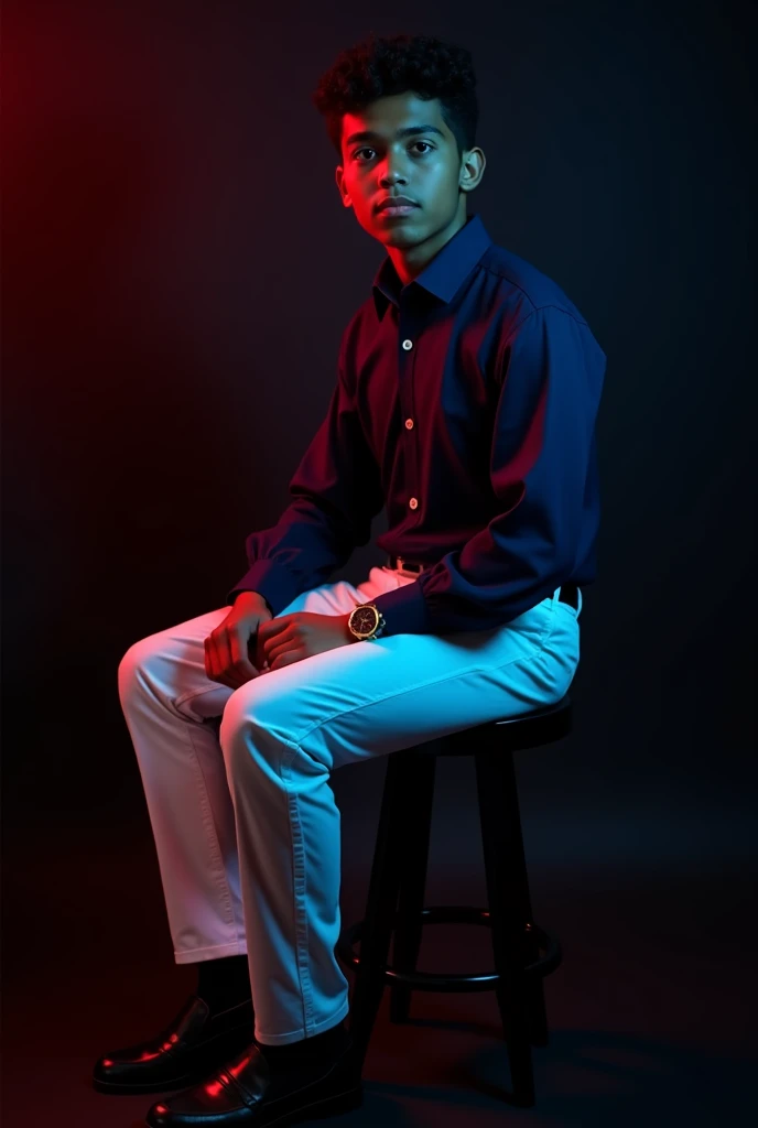 A tan boy with gym body and black curly hair and navy blue long sleeve wedding shirt and white long trousers and old watch on it and black loafers sitting on black stool and black background on it the boy turning right side and red and blue lights