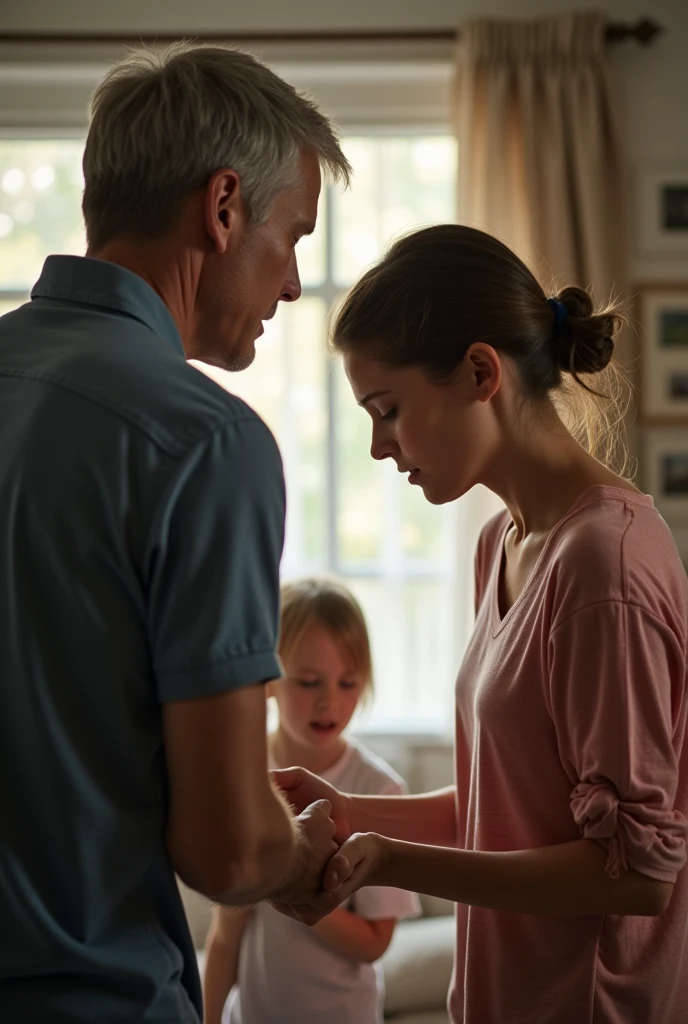Create an image of a father hitting his mother and son watching. And of a mother being beaten by her father, daughter woman watching.