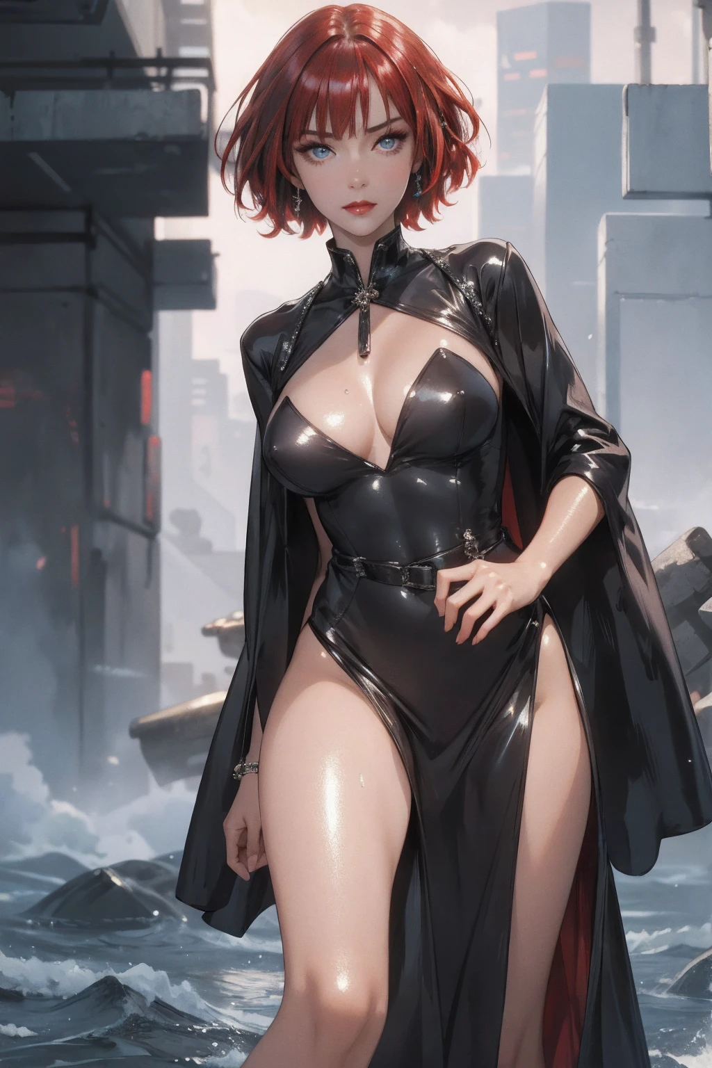 1girl,a beautiful fashion model ,(masterpiece, detailed background, best quality),short and shiny hair, red hair, hair with highlights, bangs, smirk,juicy lips,red lips, calmart, lingerie, stripping, elegant makeup, blue eyes, full body shot, (shiny skin), cyberpunk, sci fi, boa, extravagant jewelry, cocky expression, covered in jewelry, fancy, see through white dress, shiny skin, wet skin