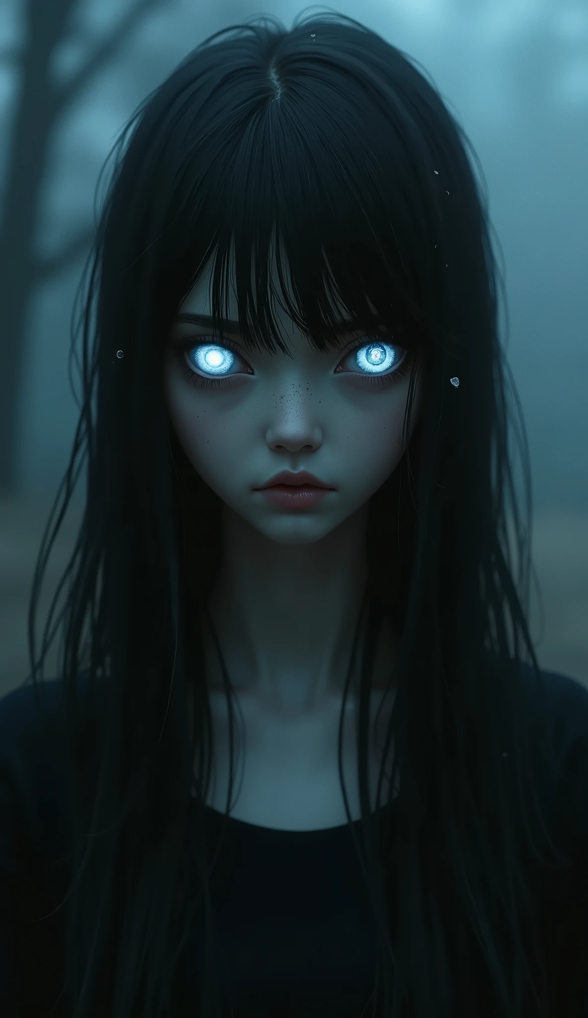 Depressed girl、Long black hair、Small Nose、Skinny body、Glowing white eyes、Thin lips、Inpatients、Upper Body、Close-up、Real、Night Park、Thick Fog