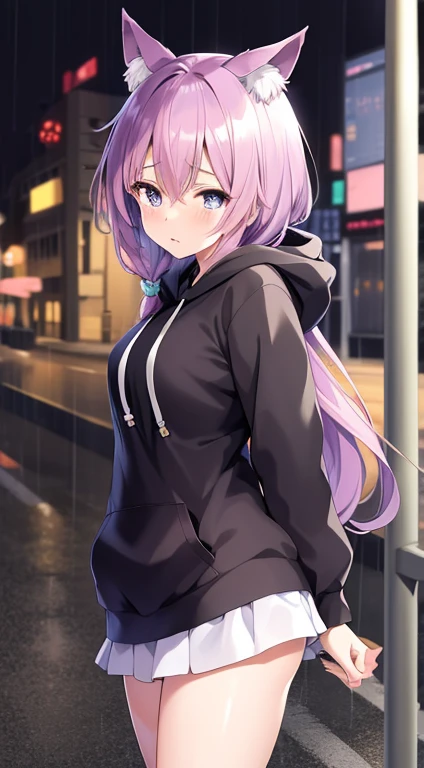 Anime girl with cat ears and hoodie in the rain, anime style 4 k, anime vibes, anime wallpaper 4 k, anime art wallpaper 4k, anime wallpaper 4k, anime art wallpaper 4k, nightcore, cyberpunk anime girl in hoodie, Anime style. 8K, 4k anime wallpaper, Beautiful Anime Portrait, beautiful anime art style, Purple pupils, Purple only at the tips of the hair, tears