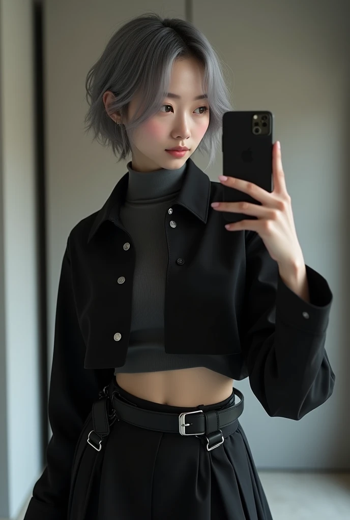 highly detailed, beautiful, hyper Realistic girl, masterpiece, best quality, Japanese sexy fashion model, 28 years old, identity hidden, takes a selfie in her room using a smartphone in front of a mirror with one hand, fashion model Posing, looking away from the camera, /// gray short hair, light color eyes, Realistic skin, Detailed face, /// black-themed, futuristic-inspired fall outfit, black asymmetrical sleek short shirt with collar, form-fitting turtleneck in a soft gray fabric. Combine this with high-waisted black layered maxi patchwork skirt made from a modern silhouette, Footwear should include black, futuristic sneakers with Thick soles. Accessories might involve a slim, a minimalist silver crossbody bag. The overall look should blend modern functionality with futuristic elements, offering a fresh, forward-thinking take on autumn fashion, /// Monotone simple modern taste single room, mirror, complicated background