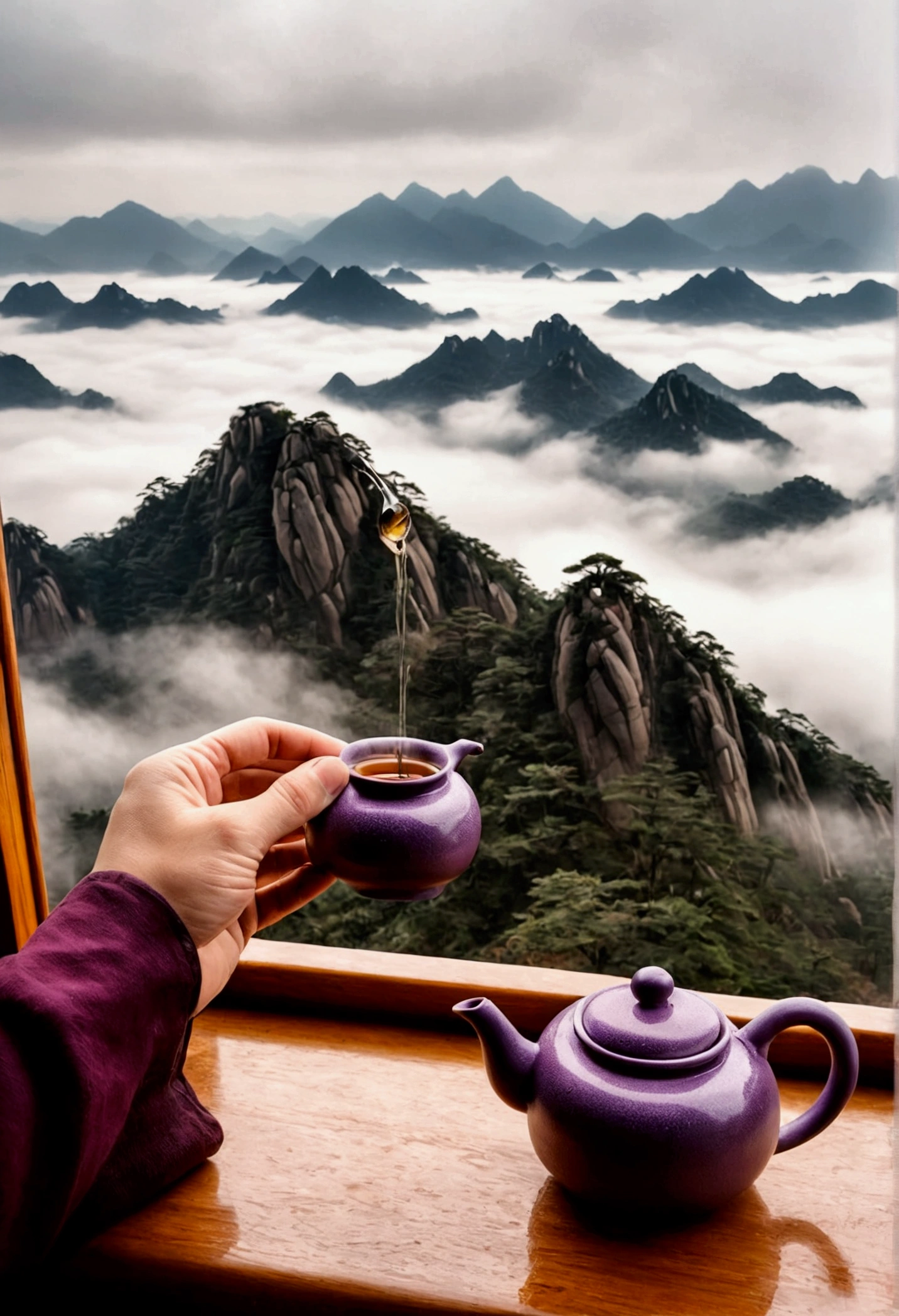 It was a rainy day outside the window，Huangshan Mountain is surrounded by clouds and mist outside，A hand holding an antique purple clay teapot，Pour tea into a cup next to you